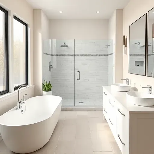 Remodeled Sandy Spring bathroom with modern double vanity, freestanding tub, glass shower, neutral tones, natural light