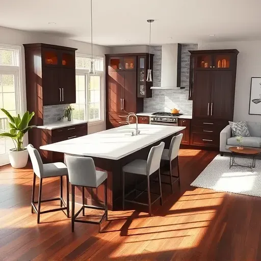 Completed home remodeling in Reston VA featuring a modern kitchen with espresso cabinetry, marble island, and natural light.