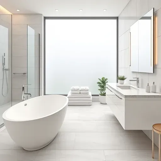 Modern remodeled bathroom in North Potomac MD featuring a freestanding soaking tub, frameless glass shower, marble vanity, andElegant design