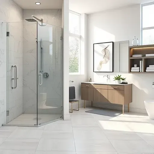 Modern remodeled bathroom in College Park MD featuring a walk-in shower, marble tiles, contemporary fixtures, and stylish decor