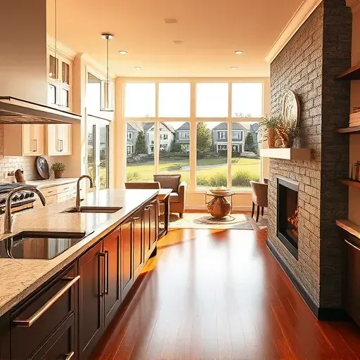 Modern kitchen remodel in Derwood MD with high-end appliances, granite countertops, custom cabinetry, and cozy living area.