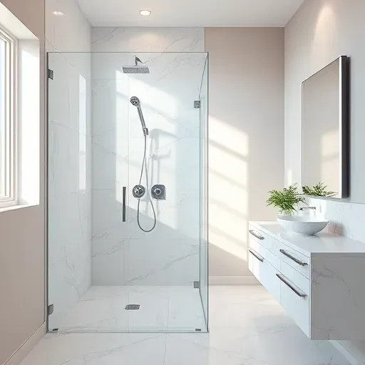 Modern high-end bathroom with a sleek glass shower, white marble tiles, brushed nickel fixtures, and a minimalist vanity in Rockville MD