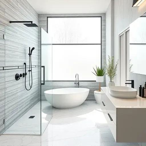 Remodeled Fairfax bathroom with modern fixtures, walk-in glass shower, soaking tub, floating vanity, and elegant design