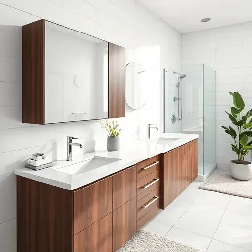 Modern renovated bathroom with marble countertop, dark wood cabinetry, chrome fixtures, white tiles, and natural light.
