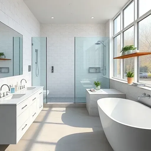 Remodeled Arlington VA bathroom with marble vanity glass shower deep soaking tub modern fixtures natural light gray tile