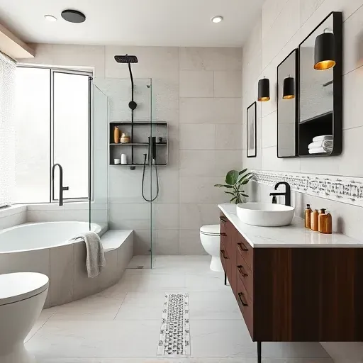 Remodeled Aspen Hill MD bathroom with modern black and gold fixtures, walk-in shower, soaking tub, marble vanity