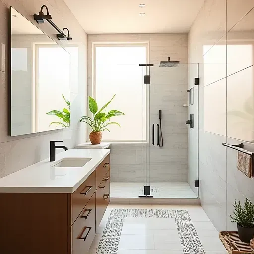 Renovated Gaithersburg MD bathroom with walk-in shower, quartz vanity, black faucets, mosaic tiles, and lush plants