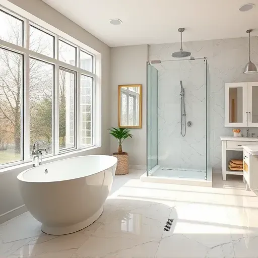 Renovated bathroom in Rockville MD features a freestanding tub, walk-in shower, and modern fixtures in soft neutrals.