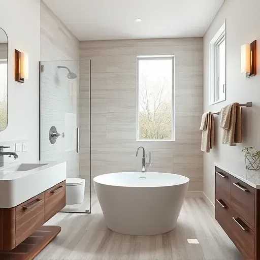 Remodeled Greenbelt MD bathroom with modern fixtures, glass shower, freestanding tub, wooden accents, and natural light