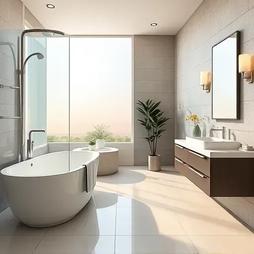 Renovated Germantown MD bathroom features modern fixtures, walk-in shower, freestanding tub, and elegant floating vanity.