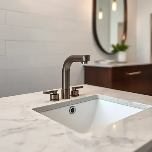 Modern bathroom faucet with brushed nickel finish installed on sleek granite countertop in a contemporary clean tiled setting