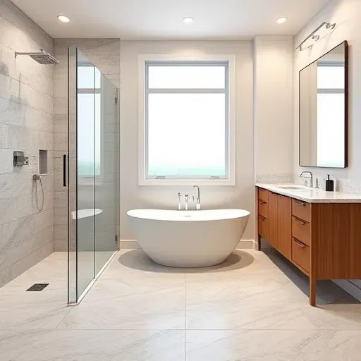 Beautiful renovated bathroom in Falls Church VA with modern fixtures, walk-in shower, freestanding tub, marble vanity, and elegant design