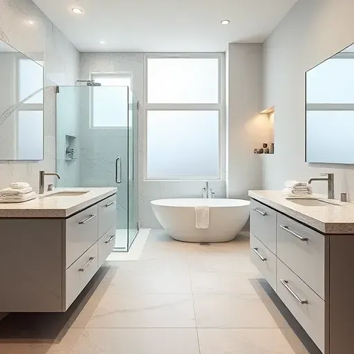 Modern bathroom remodel in Brookeville MD featuring walk-in shower, freestanding tub, sleek finishes, and ambient lighting.