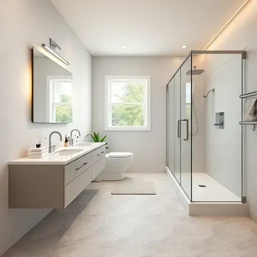 Remodeled modern bathroom in Rockville MD with ceramic tiles, floating vanities, glass shower, polished fixtures, and natural light