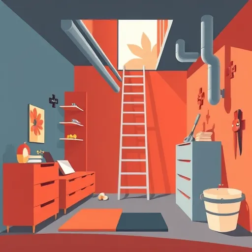 A colorful Bauhaus-inspired illustration depicting basement remodeling, featuring geometric shapes and bold lines. The cross-section scene shows a stylish basement interior with minimalist furniture, sleek shelving, modern storage bins, and simple tools arranged harmoniously. A stylized ladder or staircase suggests progress, while angular beams and abstract pipes are integrated creatively. The background uses a vibrant palette of muted reds, warm oranges, deep blues, and soft greys, evoking energy and creative transformation. Quirky details include whimsical, smiling tools with eyes and puzzle-piece accents, emphasizing the idea of piecing a perfect space together. Natural light filters through a stylized window, casting geometric shadows that enhance the upbeat and optimistic mood, inspiring confidence in basement renovation with functional design and playful abstraction.