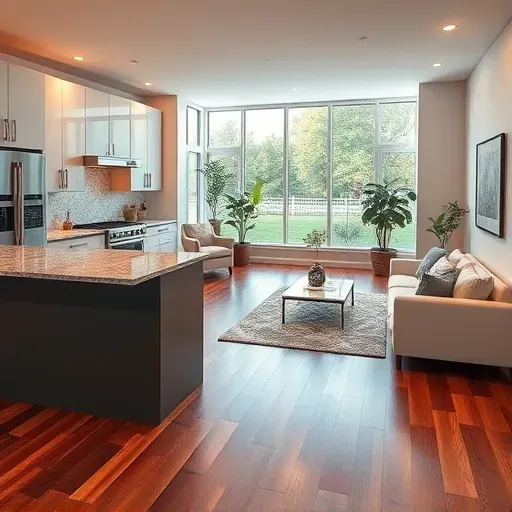Modern kitchen and living area in Fort Washington MD, featuring custom cabinetry, stainless steel appliances, and natural light.