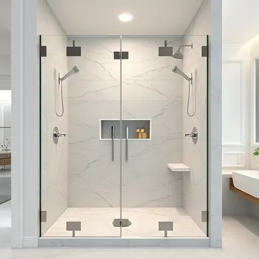 Remodeled modern shower in Rockville MD with glass enclosure, marble tiles, sleek fixtures, and elegant bathroom design