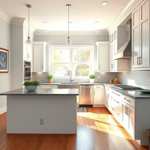 Modern kitchen remodel in Burtonsville MD with white cabinets, granite island, stainless appliances, and natural light.