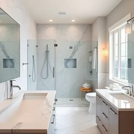 Luxurious renovated bathroom in Oxon Hill MD with modern fixtures, marble countertops, walk-in shower, and elegant design