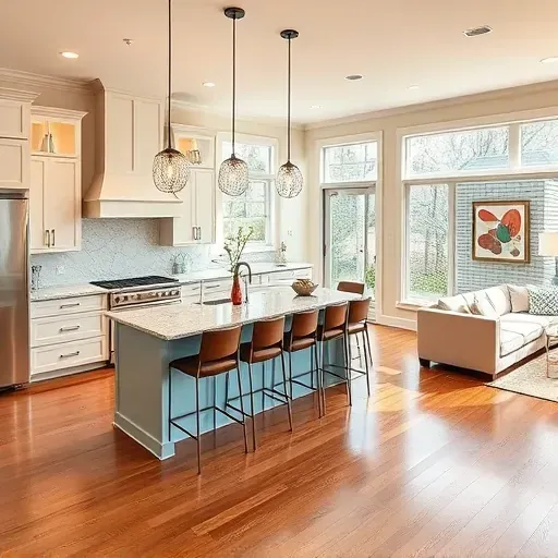 Modern kitchen remodel in North Potomac MD with custom cabinetry, granite countertops, and open-concept living area.