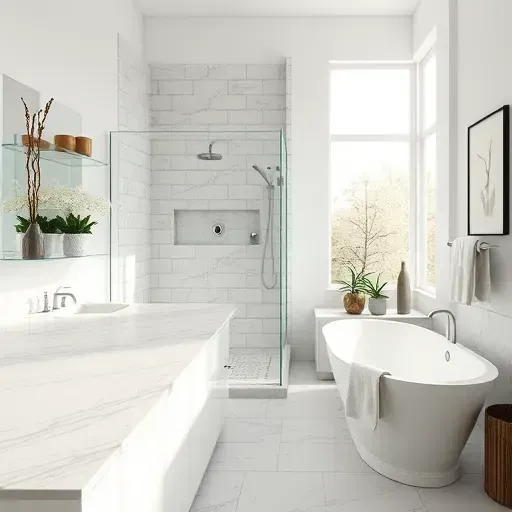 Renovated Oxon Hill MD bathroom with sleek fixtures, marble countertop, glass shower, freestanding tub, and modern decor