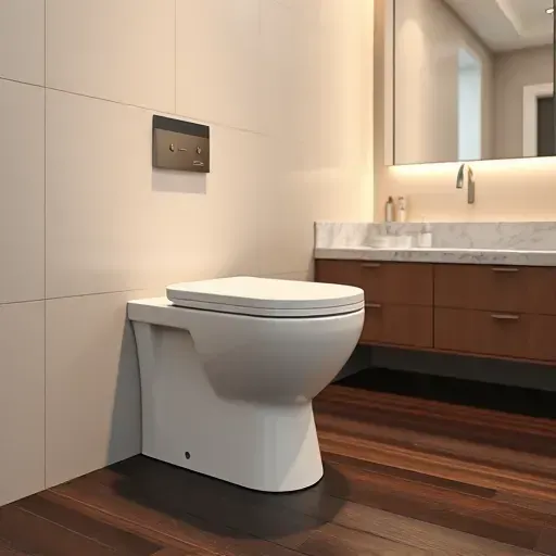 Newly installed white ceramic toilet in modern bathroom with polished chrome fixtures, neutral tiles, and stylish vanity