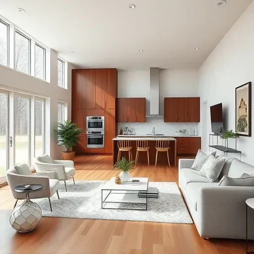 Modern living room in Falls Church VA featuring open layout, custom cabinetry, quartz countertops, and natural lighting.