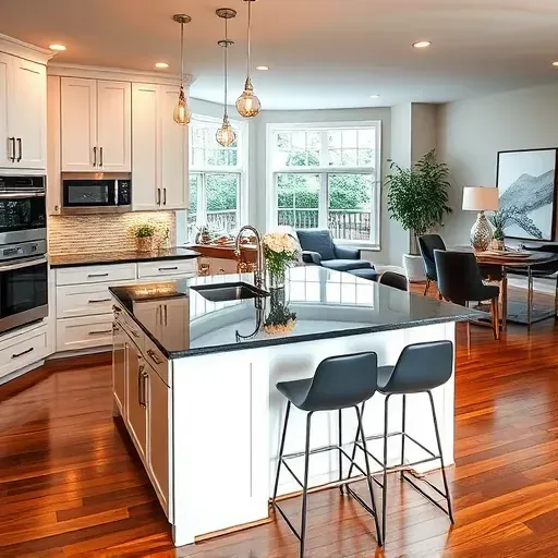 Modern kitchen remodel in Herndon VA with high-end appliances, spacious island, and elegant decor in an open layout.