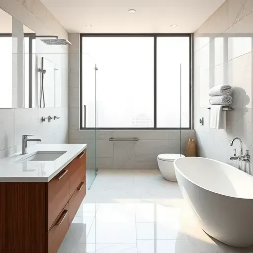 Remodeled Arlington VA bathroom with modern fixtures, glass shower, freestanding tub, and natural light ambiance.