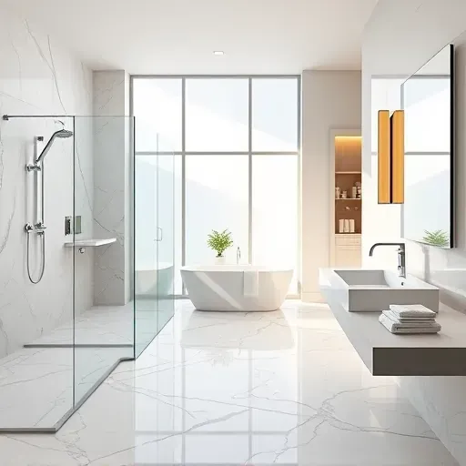 Remodeled Arlington VA bathroom with sleek fixtures, walk-in shower, marble tiles, freestanding tub, and stylish vanity
