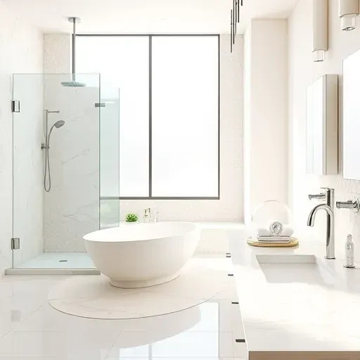 Beautiful renovated bathroom in Alexandria VA with modern fixtures, marble countertops, frameless shower, and natural daylight