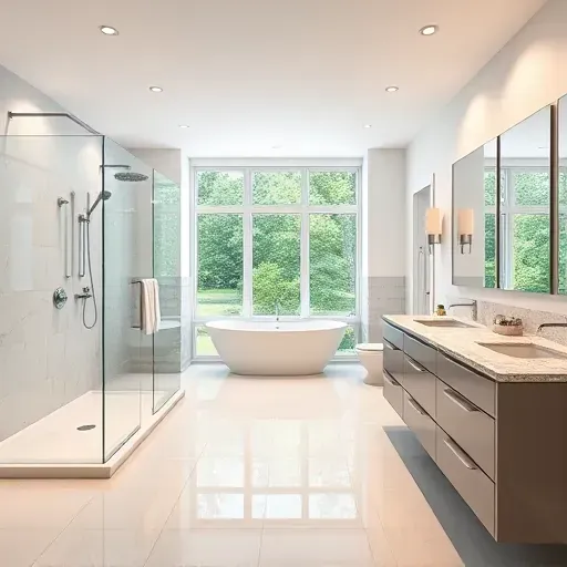 Modern bathroom remodeling in Rockville MD with glass shower, freestanding tub, granite double vanity, porcelain tiles, and natural light