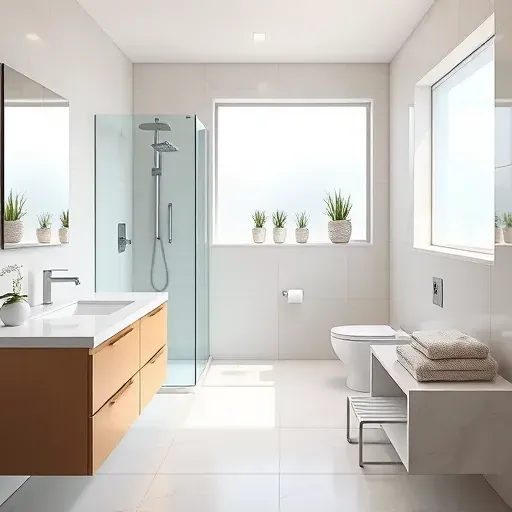 Remodeled Greenbelt MD bathroom with modern fixtures, glass shower, marble vanity, neutral towels, natural light, and elegant tilework
