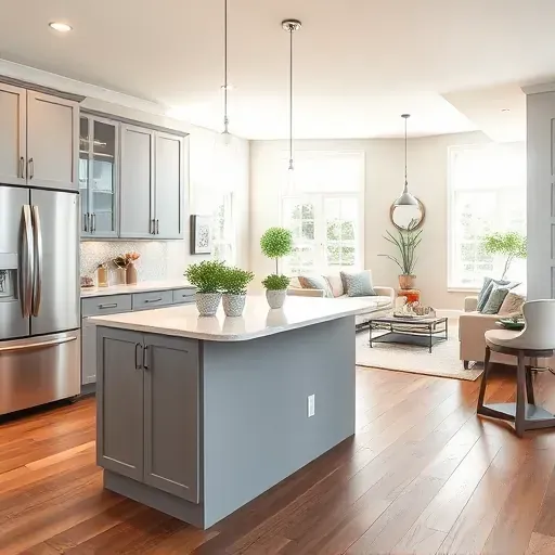 Modern kitchen remodel in Herndon VA features gray cabinetry, quartz countertops, and natural light-enhanced design.