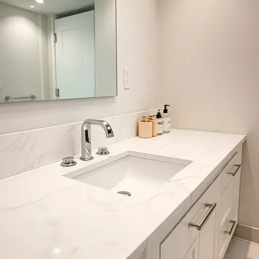 Freshly installed marble bathroom countertop with gray veining, chrome fixtures, undermount sink, and polished finish in a modern, well-lit bathroom