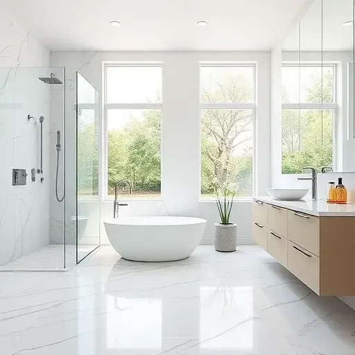 Beautiful remodeled bathroom in Annandale VA with modern marble tiles, freestanding tub, glass shower, and sleek fixtures