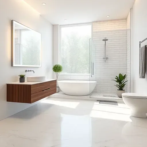 Recently renovated Alexandria bathroom with marble flooring, floating dark wood vanity, frameless glass shower, and soft LED lighting