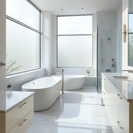 Bathroom in Clarksburg MD with modern marble countertops soaking tub glass shower natural light neutral tones greenery
