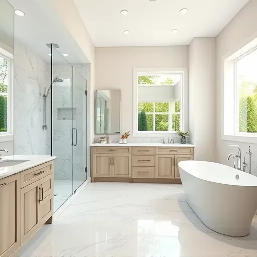 Remodeled Fort Washington Maryland bathroom with modern fixtures, walk-in shower, marble floors, freestanding tub, and natural light