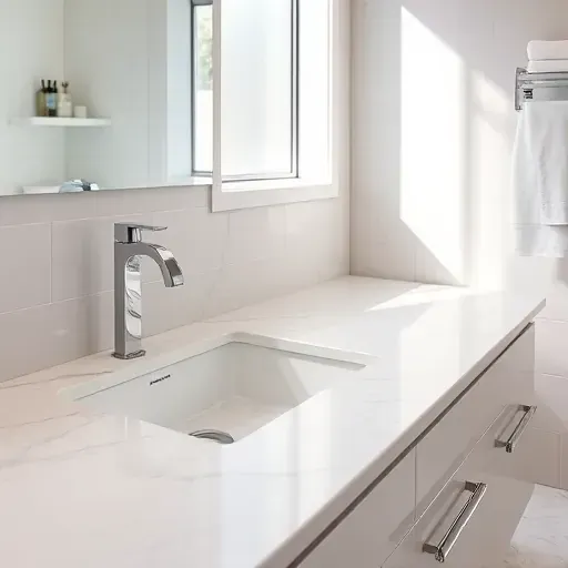 Renovated Rockville bathroom with sleek marble countertop, chrome fixtures, undermount sink, and elegant tiled walls