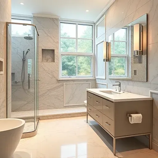 Remodeled Potomac MD bathroom with sleek fixtures, glass shower, marble vanity, polished floors, and ambient lighting