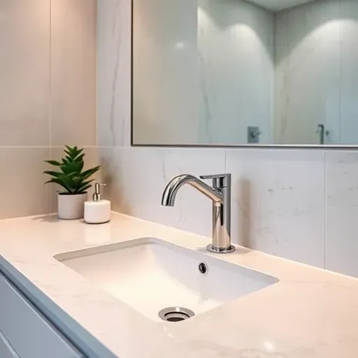 Completed modern bathroom sink installation in Rockville MD with marble countertop chrome faucet tiled walls and ambient lighting