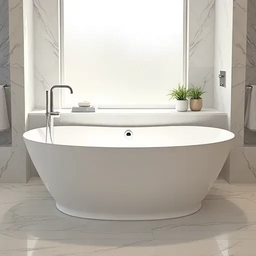 Modern bathroom with a white bathtub, sleek fixtures, marble tiles, natural light, and stylish accessories in Rockville MD