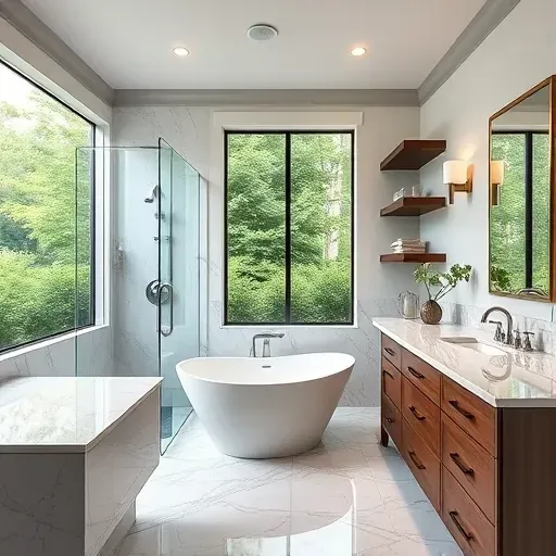 Remodeled North Potomac bathroom with marble countertops, modern fixtures, walk-in shower, freestanding tub, and elegant tile decor