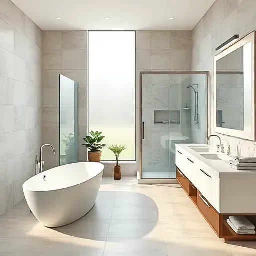 Renovated modern bathroom in Rockville MD featuring a soaking tub, walk-in shower, double vanity, and elegant design