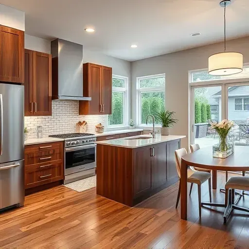 Beautifully remodeled contemporary kitchen in Vienna VA with walnut cabinetry, marble countertops, subway tile backsplash, and patio view.