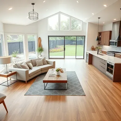 Modern open-concept home remodel in Hyattsville MD features elegant hardwood, stylish sofas, and a sleek kitchen.