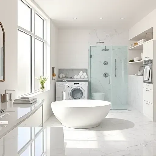 Remodeled Olney Maryland bathroom featuring marble countertops, stainless steel fixtures, walk-in glass shower, freestanding bathtub, and soft neutral walls