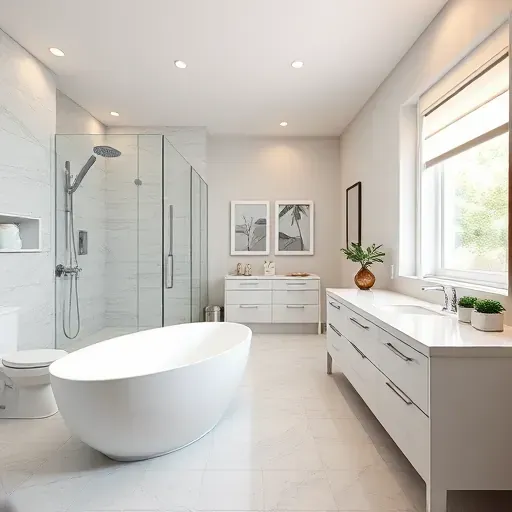 Remodeled bathroom in Rockville, MD featuring modern design with a free-standing tub, glass shower, marble vanity, and tasteful decor.
