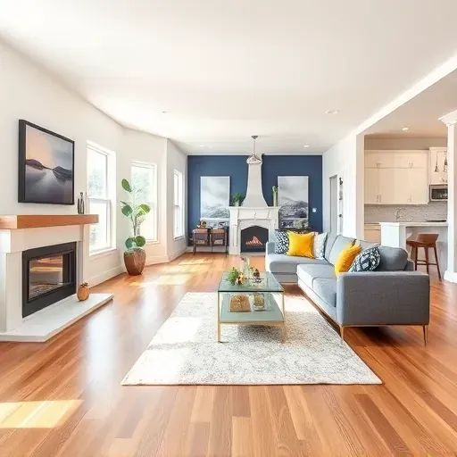 Renovated living room in Alexandria VA showcasing modern decor, elegant flooring, stylish sofa, and natural light.